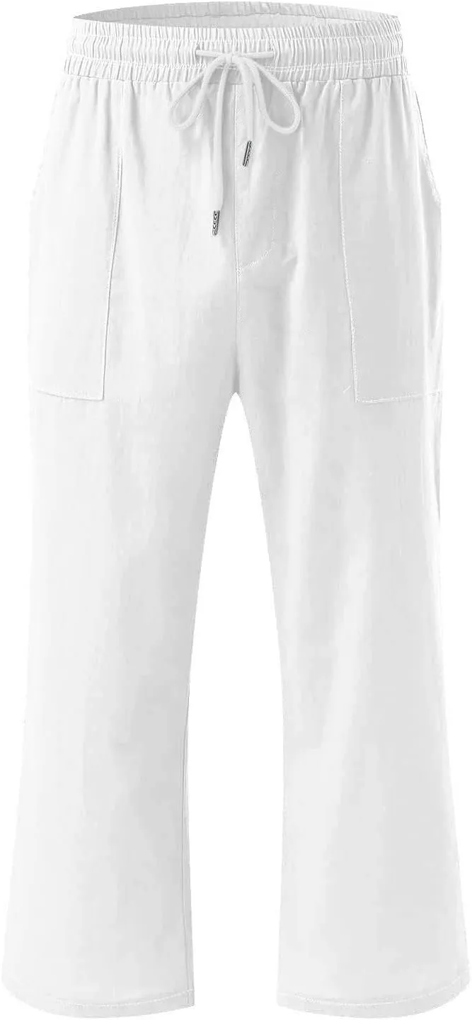 Women Cotton Linen Capri Pants Summer Capris Straight Leg Trousers with Pocket High Waist Casual Dress Pant Solid Color