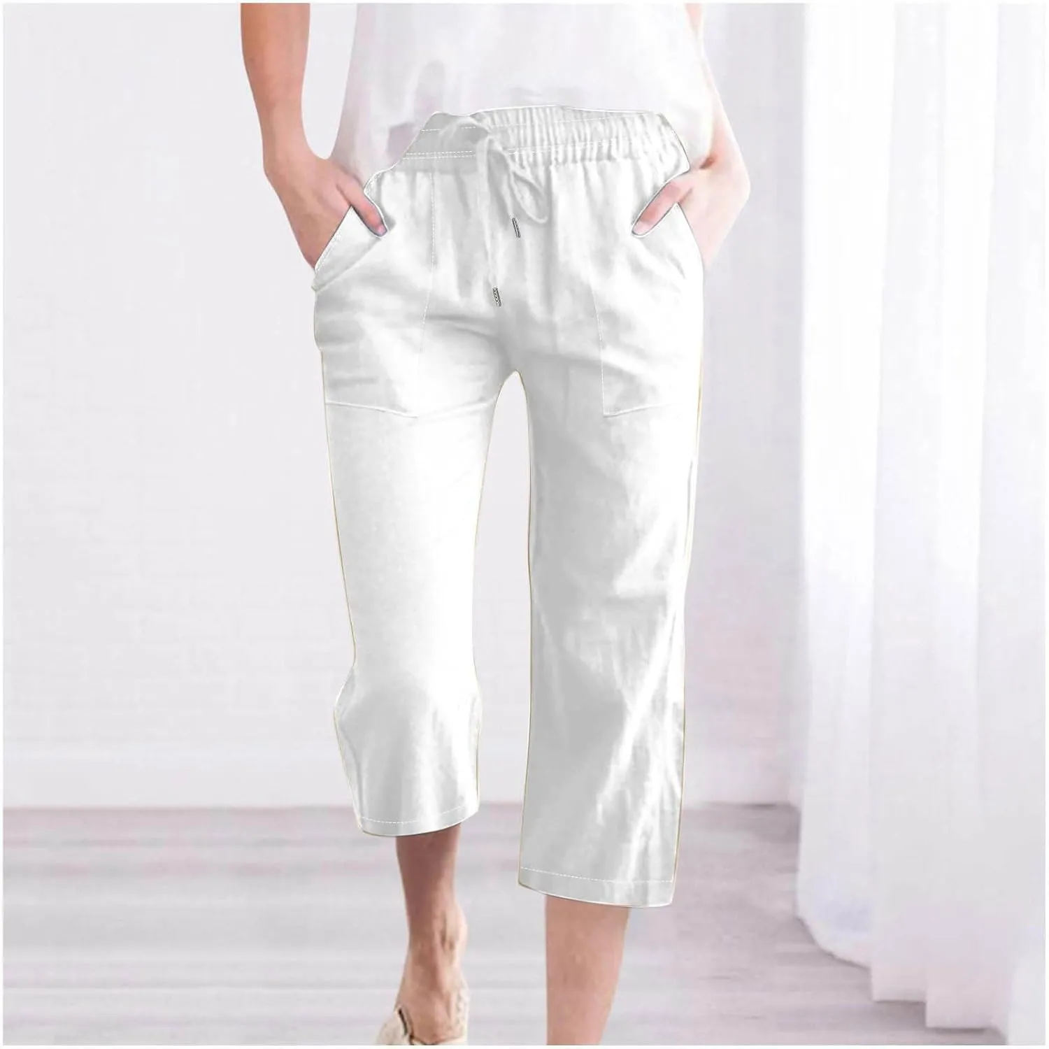 Women Cotton Linen Capri Pants Summer Capris Straight Leg Trousers with Pocket High Waist Casual Dress Pant Solid Color