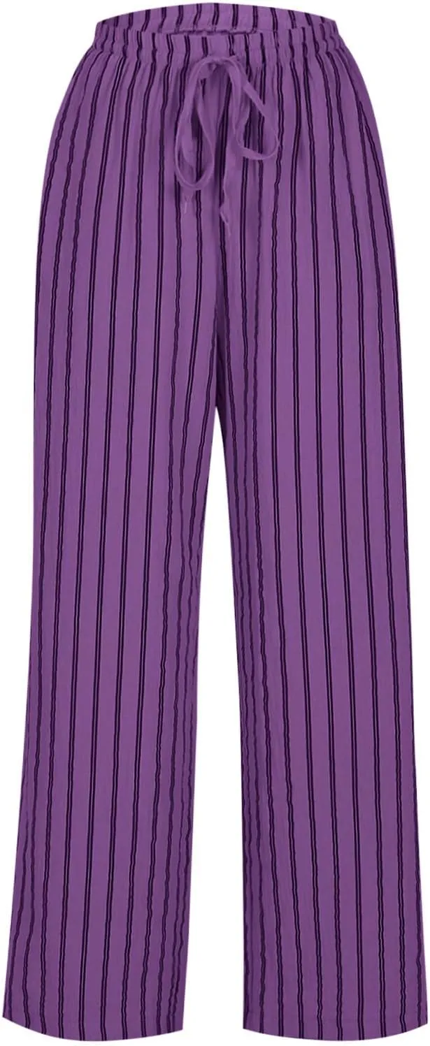 Women Cotton Linen Palazzo Pants Summer Flowy Wide Leg Trousers with Pockets High Waist Drawstring Beach Lounge Pants