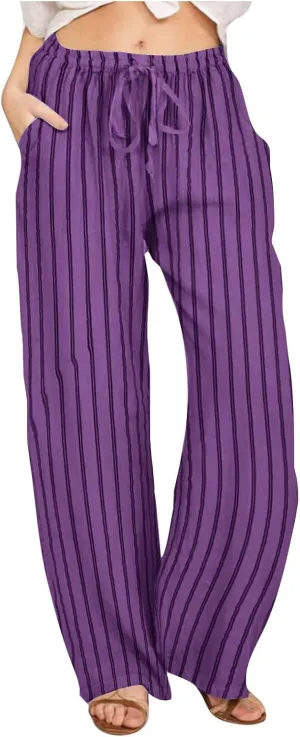 Women Cotton Linen Palazzo Pants Summer Flowy Wide Leg Trousers with Pockets High Waist Drawstring Beach Lounge Pants