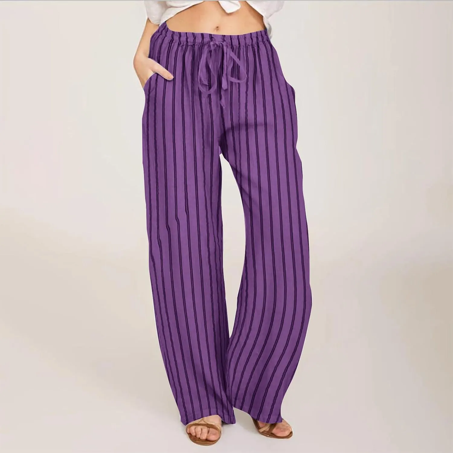 Women Cotton Linen Palazzo Pants Summer Flowy Wide Leg Trousers with Pockets High Waist Drawstring Beach Lounge Pants