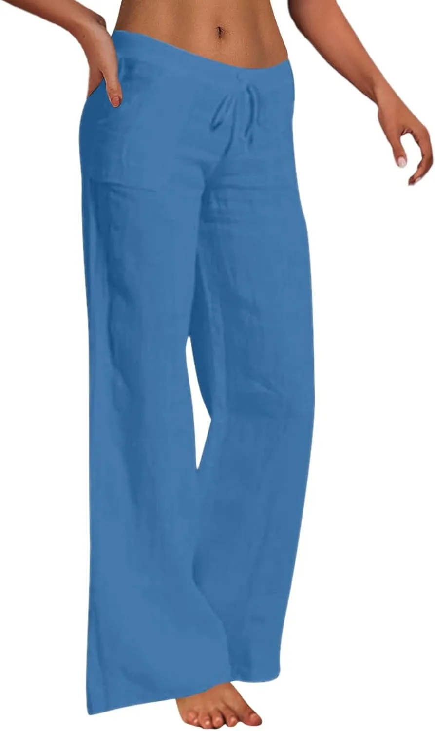 Women Cotton Linen Pants Drawstring Low Waisted Wide Leg Trousers Summer Linen Lightweight Pants Casual Beach Pants