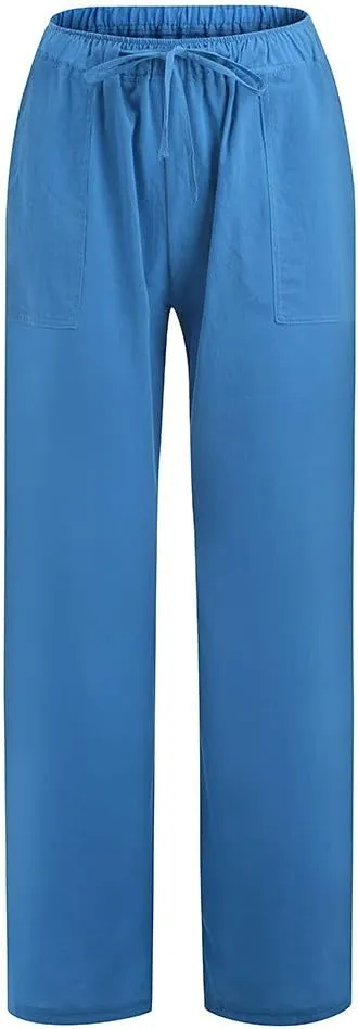 Women Cotton Linen Pants Drawstring Low Waisted Wide Leg Trousers Summer Linen Lightweight Pants Casual Beach Pants