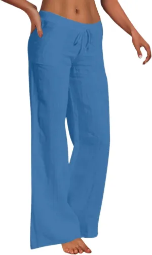 Women Cotton Linen Pants Drawstring Low Waisted Wide Leg Trousers Summer Linen Lightweight Pants Casual Beach Pants