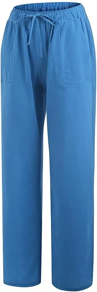 Women Cotton Linen Pants Drawstring Low Waisted Wide Leg Trousers Summer Linen Lightweight Pants Casual Beach Pants
