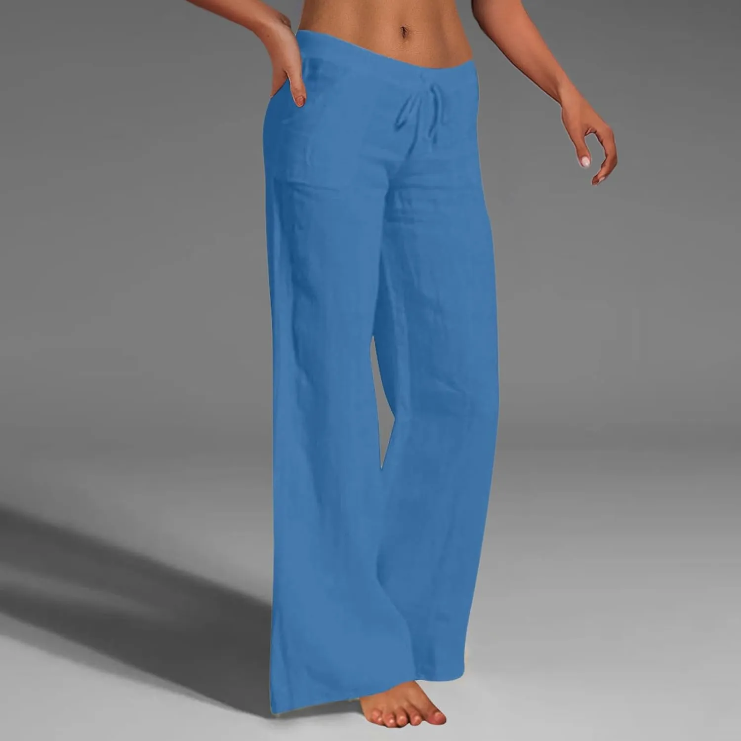 Women Cotton Linen Pants Drawstring Low Waisted Wide Leg Trousers Summer Linen Lightweight Pants Casual Beach Pants