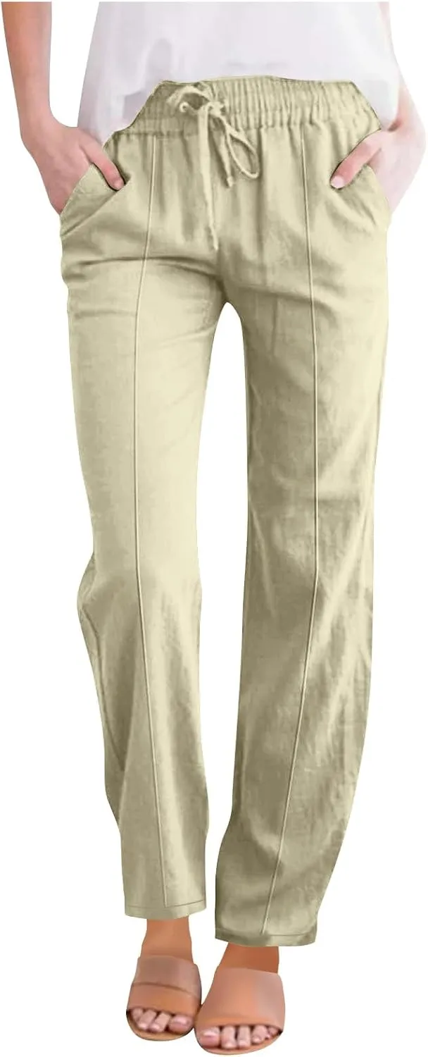 Women Cotton Linen Straight Leg Pants, Summer Lightweight Breathable Work Office Clothes Drawstring Pockets Trousers