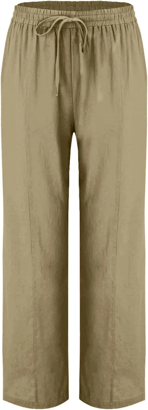Women Cotton Linen Straight Leg Pants, Summer Lightweight Breathable Work Office Clothes Drawstring Pockets Trousers
