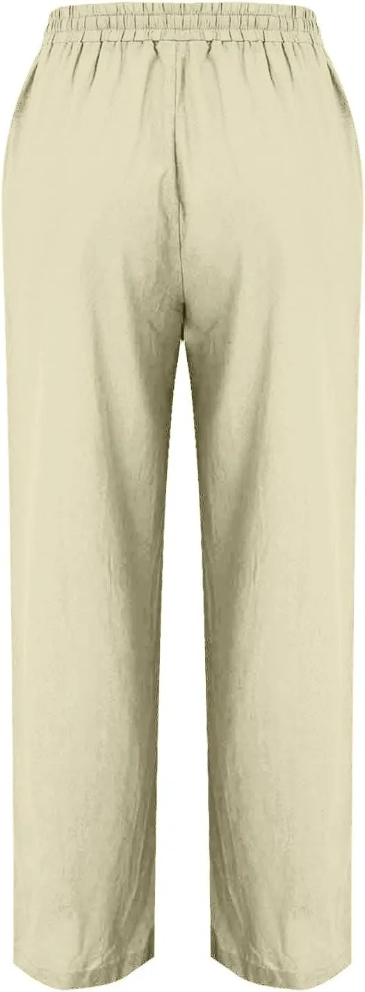Women Cotton Linen Straight Leg Pants, Summer Lightweight Breathable Work Office Clothes Drawstring Pockets Trousers