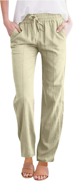 Women Cotton Linen Straight Leg Pants, Summer Lightweight Breathable Work Office Clothes Drawstring Pockets Trousers