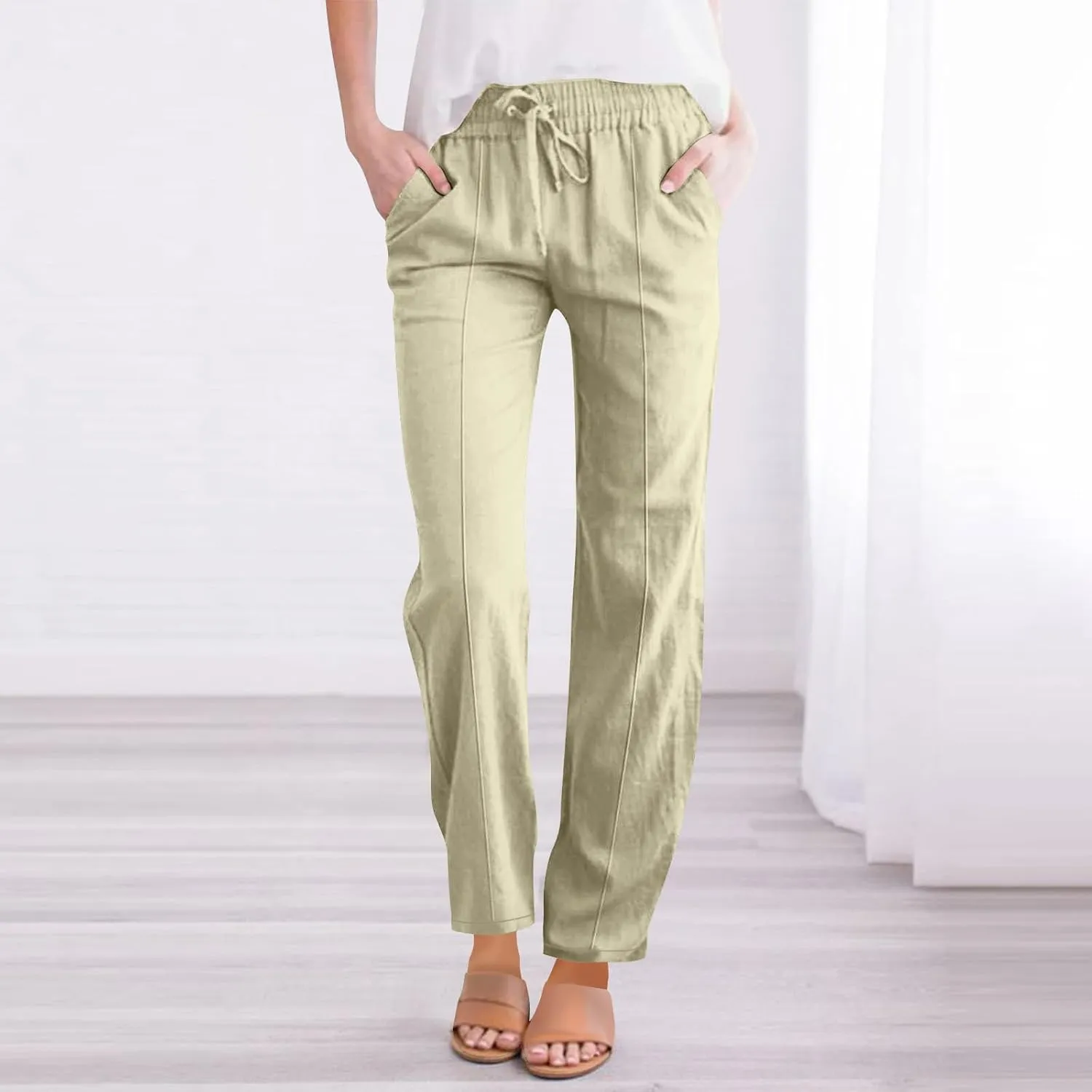 Women Cotton Linen Straight Leg Pants, Summer Lightweight Breathable Work Office Clothes Drawstring Pockets Trousers