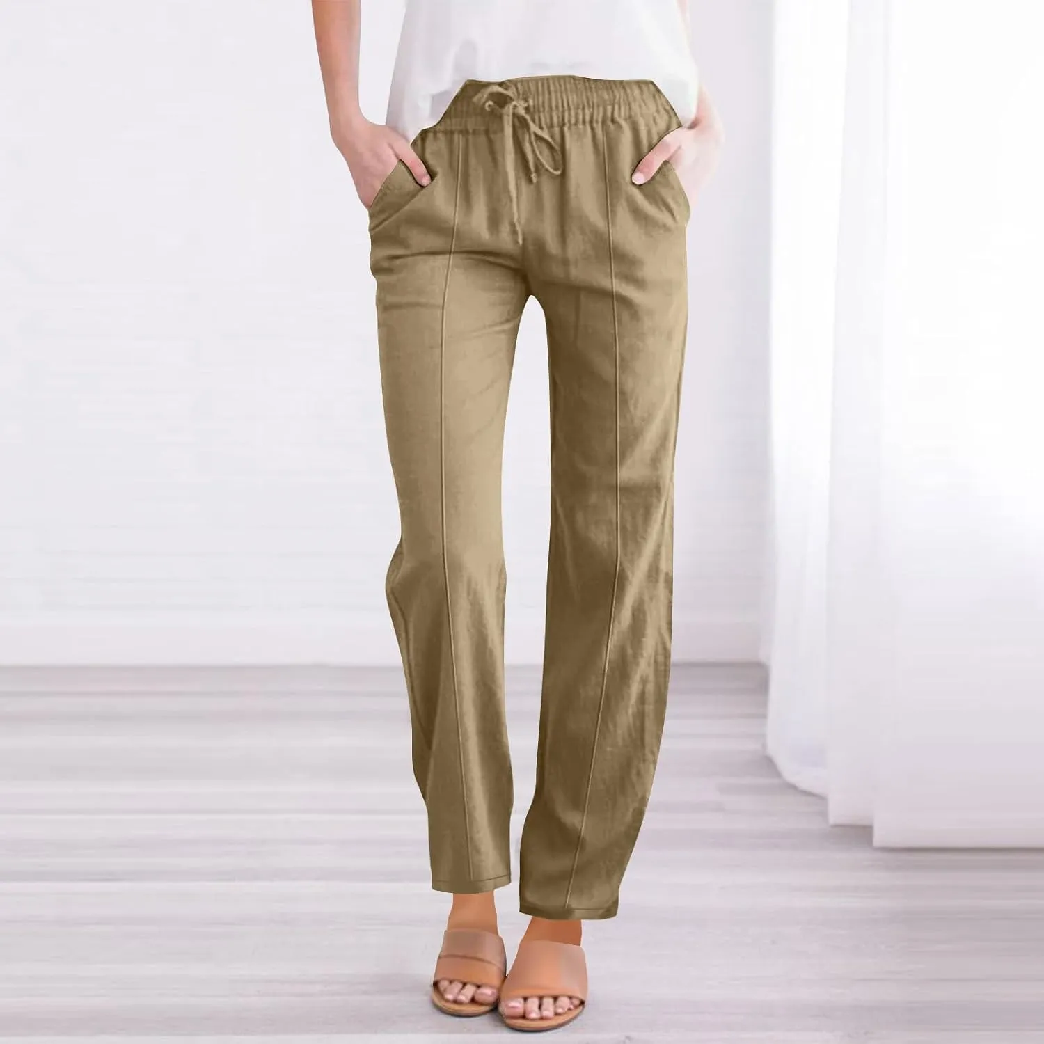 Women Cotton Linen Straight Leg Pants, Summer Lightweight Breathable Work Office Clothes Drawstring Pockets Trousers