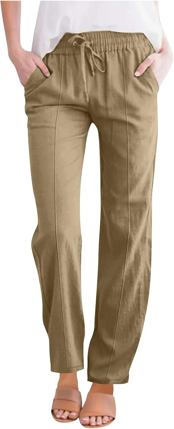 Women Cotton Linen Straight Leg Pants, Summer Lightweight Breathable Work Office Clothes Drawstring Pockets Trousers