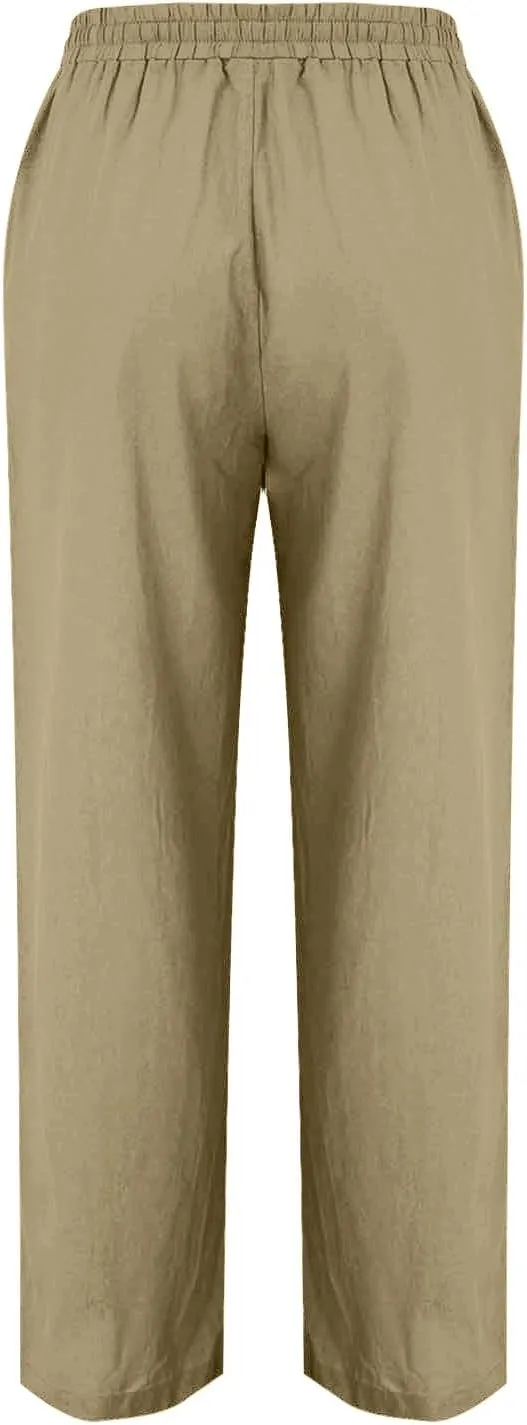 Women Cotton Linen Straight Leg Pants, Summer Lightweight Breathable Work Office Clothes Drawstring Pockets Trousers