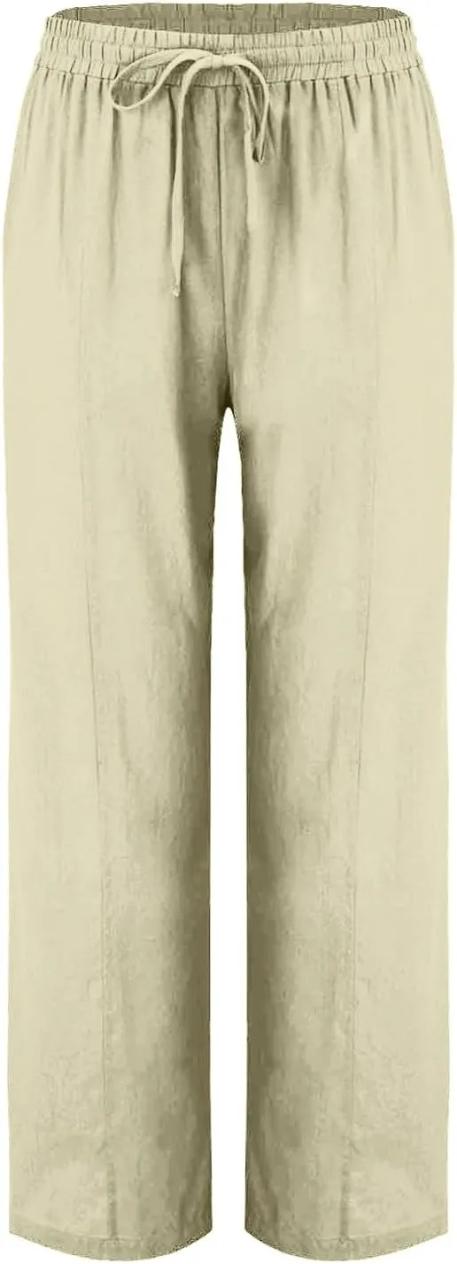 Women Cotton Linen Straight Leg Pants, Summer Lightweight Breathable Work Office Clothes Drawstring Pockets Trousers
