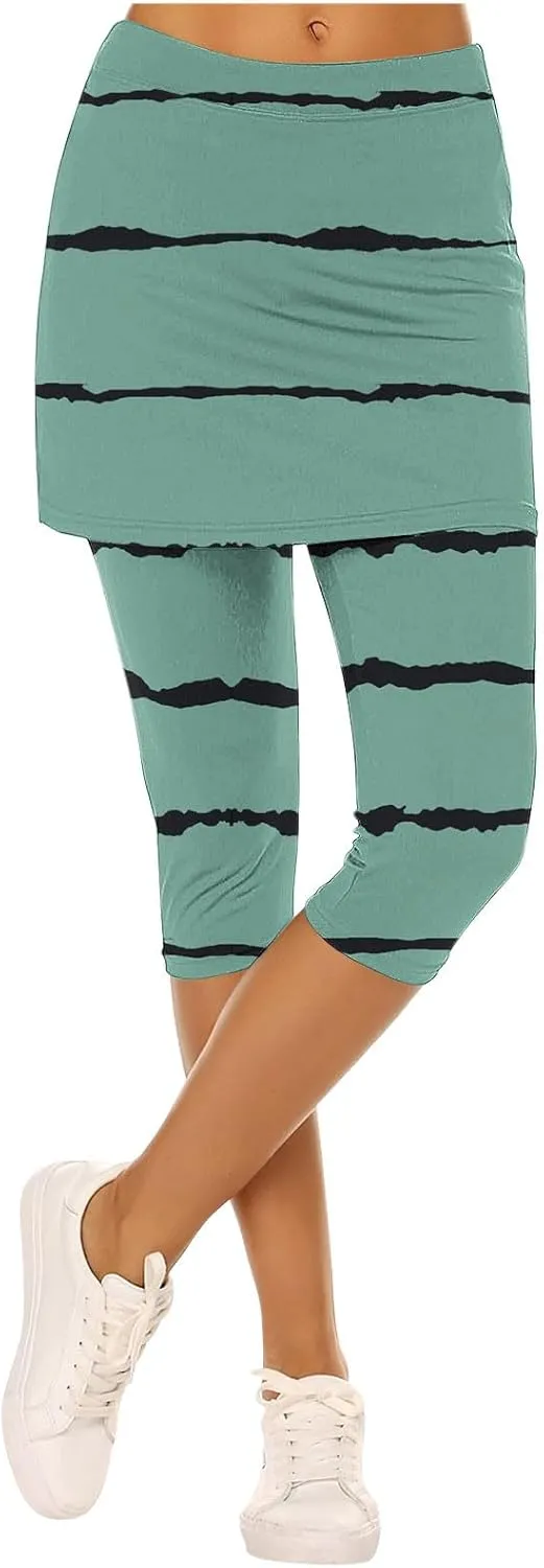 Women Cropped Trousers with Skirt, Ladies Stripe Capri Leggings 3/4 Length Yoga Pants, Elasticated Waist Sweatpants