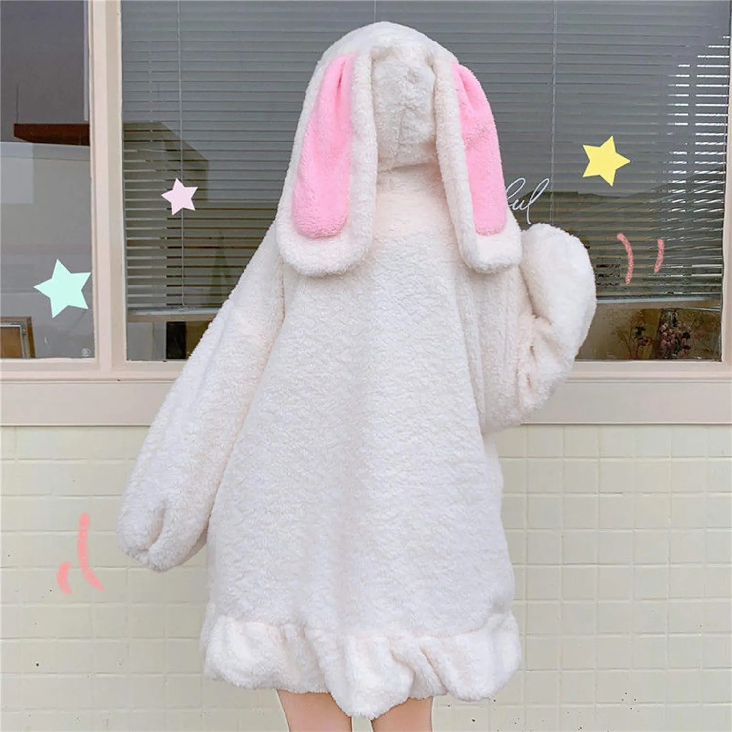 Women Cute Bunny Ear Long Sleeve Fuzzy Fluffy Rabbit Tops Sweatshirt Hoodie Jacket Coats