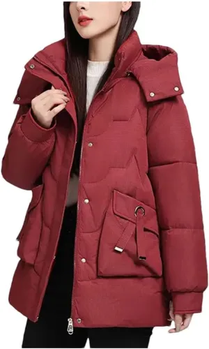 Women Down Cotton Padded Thickened Jacket Loose Stand-Up Collar Hooded Parka Loose Coat