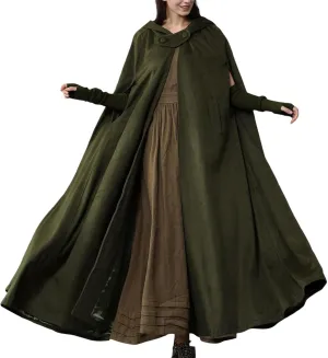 Women Fashion Fall Long Woolen Hooded Cloak Vintage Solid Color Poncho Winter Warm Maxi Cape Coat