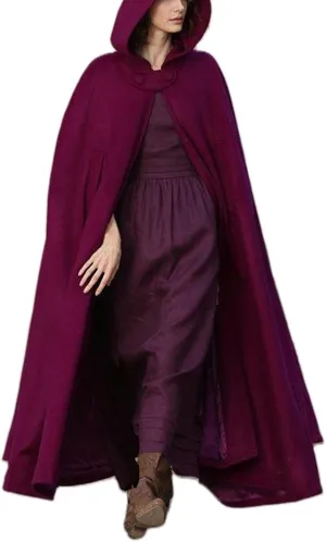 Women Fashion Fall Long Woolen Hooded Cloak Vintage Solid Color Poncho Winter Warm Maxi Cape Coat