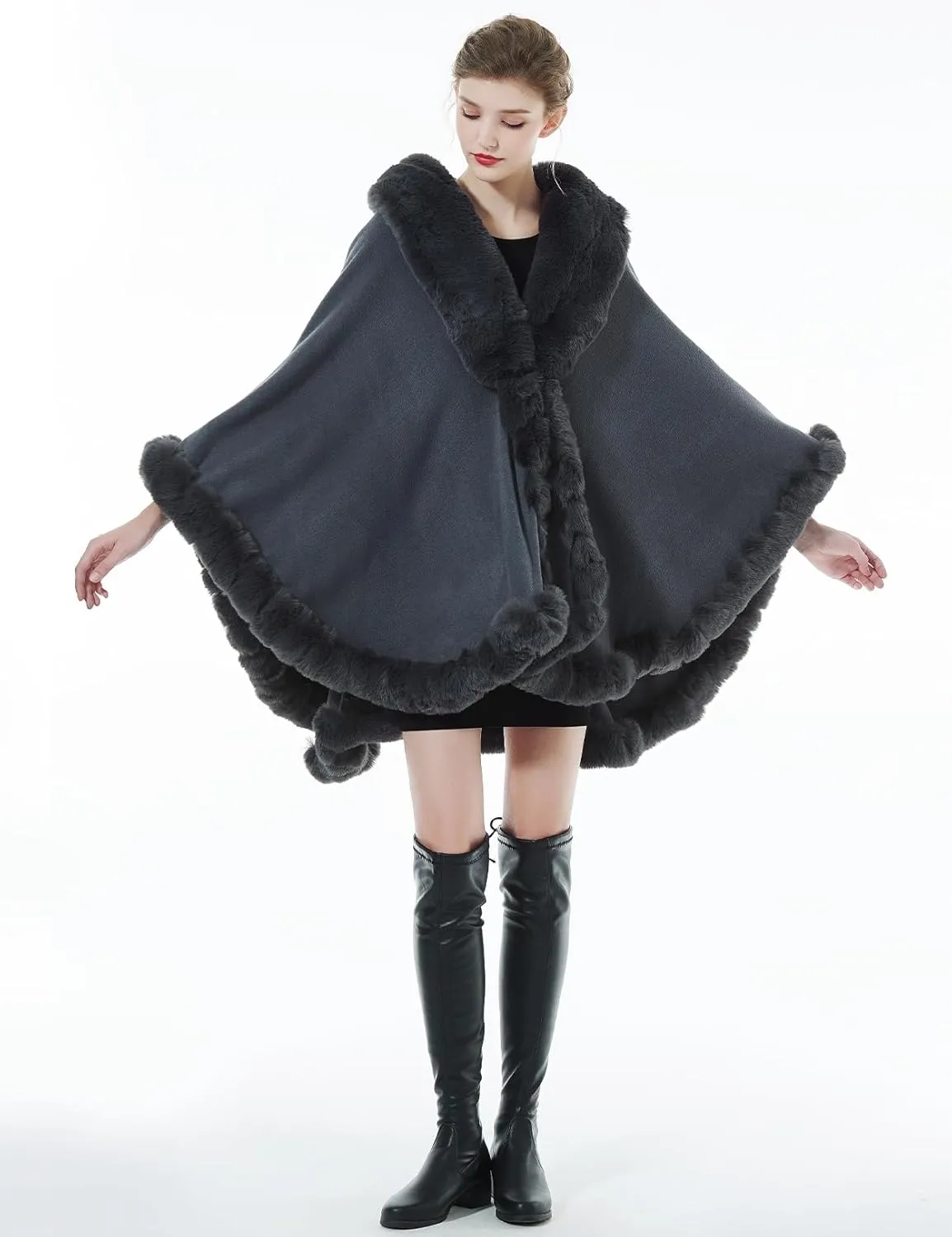Women Faux Fur Shawl Wrap Winter Cape Poncho with Fur Trim Sleeveless Cardigan Dressy Cloak Coat