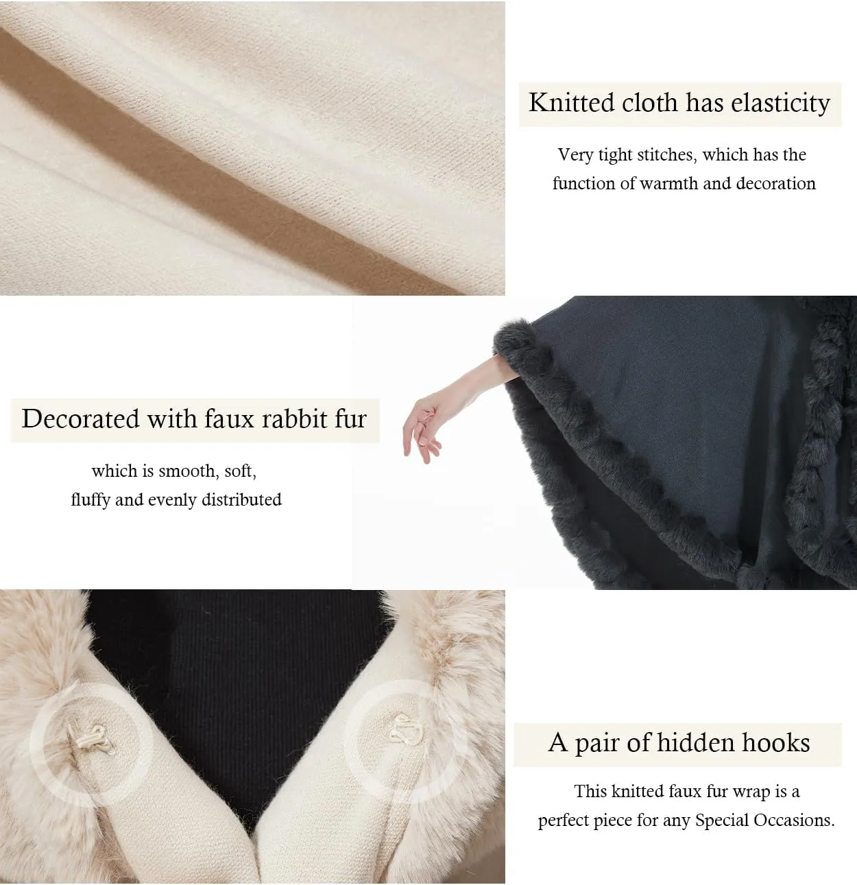 Women Faux Fur Shawl Wrap Winter Cape Poncho with Fur Trim Sleeveless Cardigan Dressy Cloak Coat
