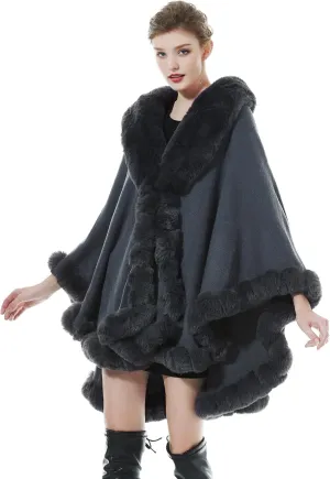 Women Faux Fur Shawl Wrap Winter Cape Poncho with Fur Trim Sleeveless Cardigan Dressy Cloak Coat