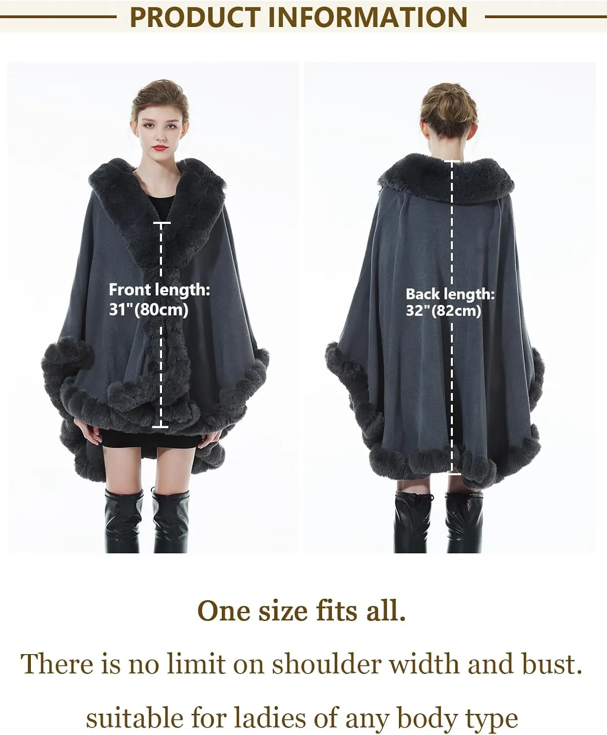 Women Faux Fur Shawl Wrap Winter Cape Poncho with Fur Trim Sleeveless Cardigan Dressy Cloak Coat