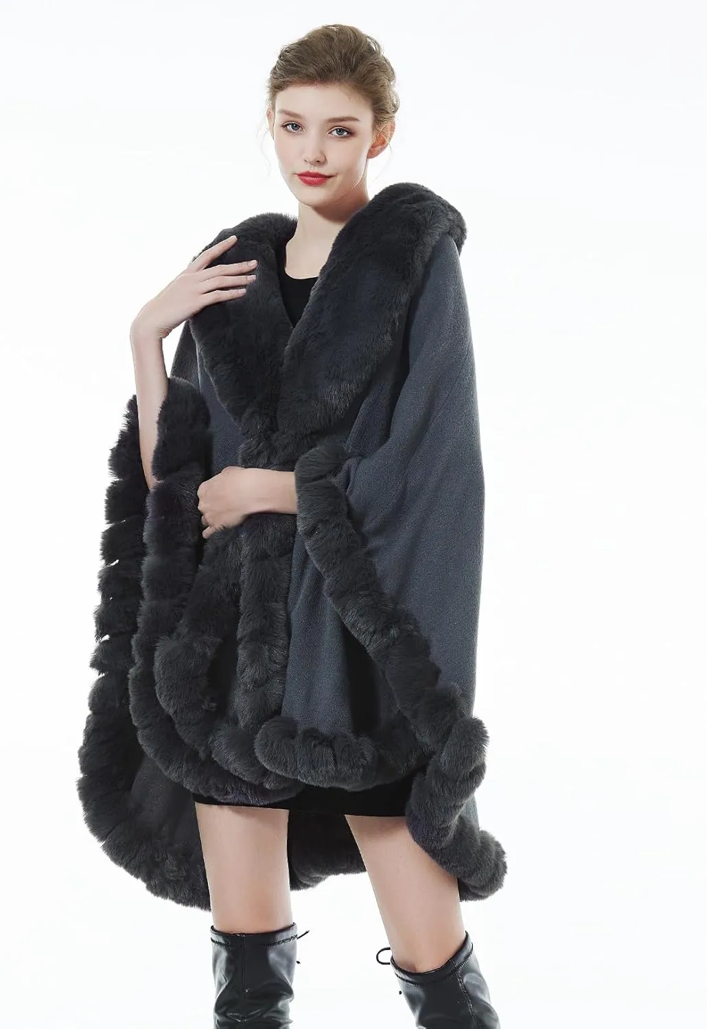 Women Faux Fur Shawl Wrap Winter Cape Poncho with Fur Trim Sleeveless Cardigan Dressy Cloak Coat
