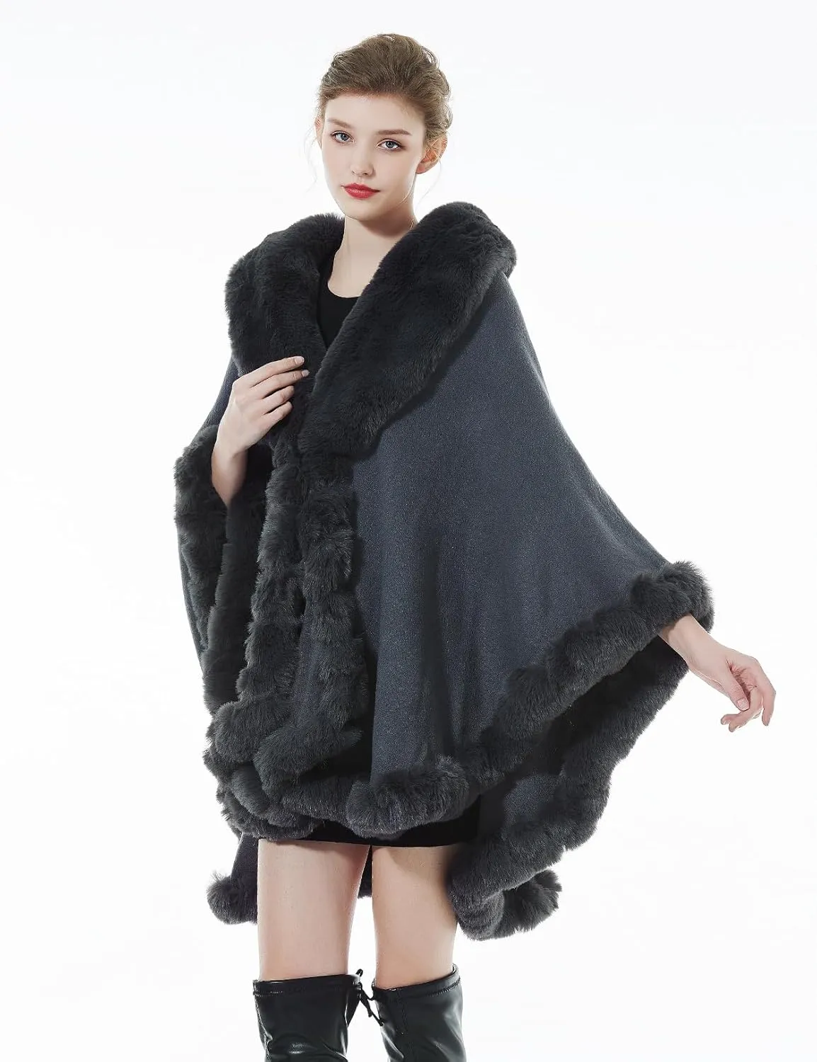 Women Faux Fur Shawl Wrap Winter Cape Poncho with Fur Trim Sleeveless Cardigan Dressy Cloak Coat