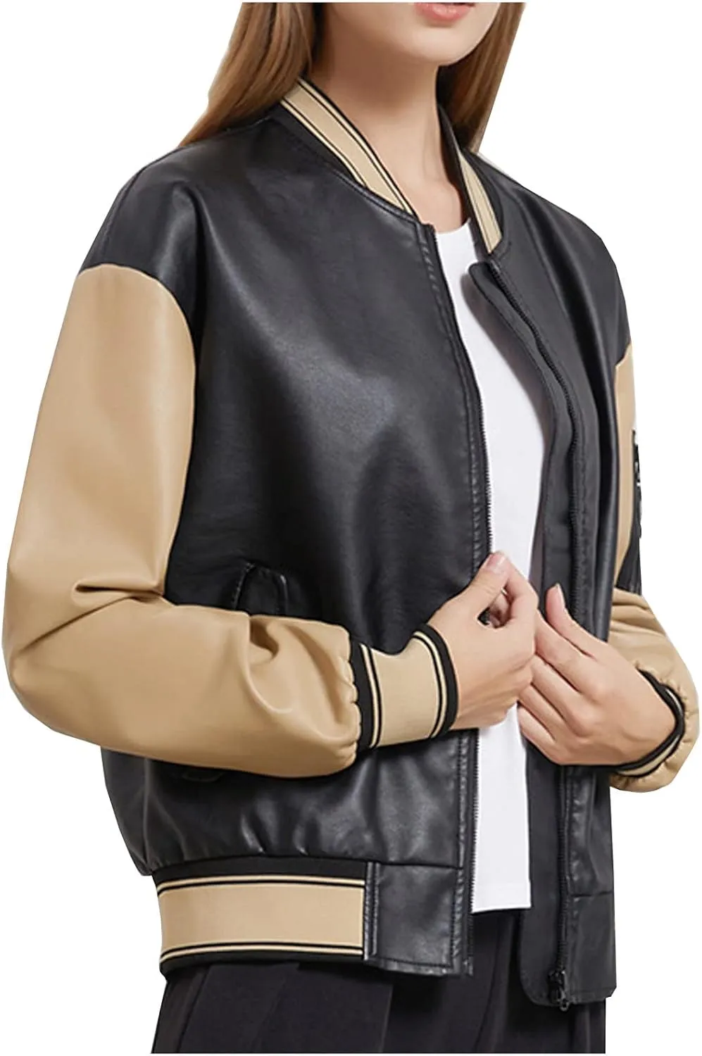 Women Faux Leather Sport Jacket Ladies Color-block Coat Teen Girls Stand Collar Uniform Loose Jackets Blazer
