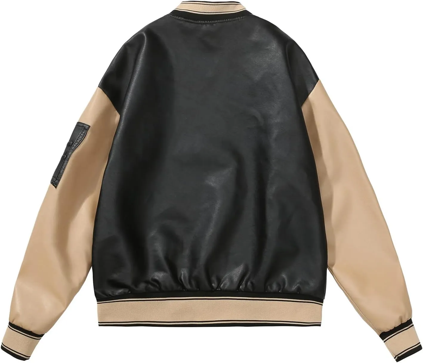 Women Faux Leather Sport Jacket Ladies Color-block Coat Teen Girls Stand Collar Uniform Loose Jackets Blazer