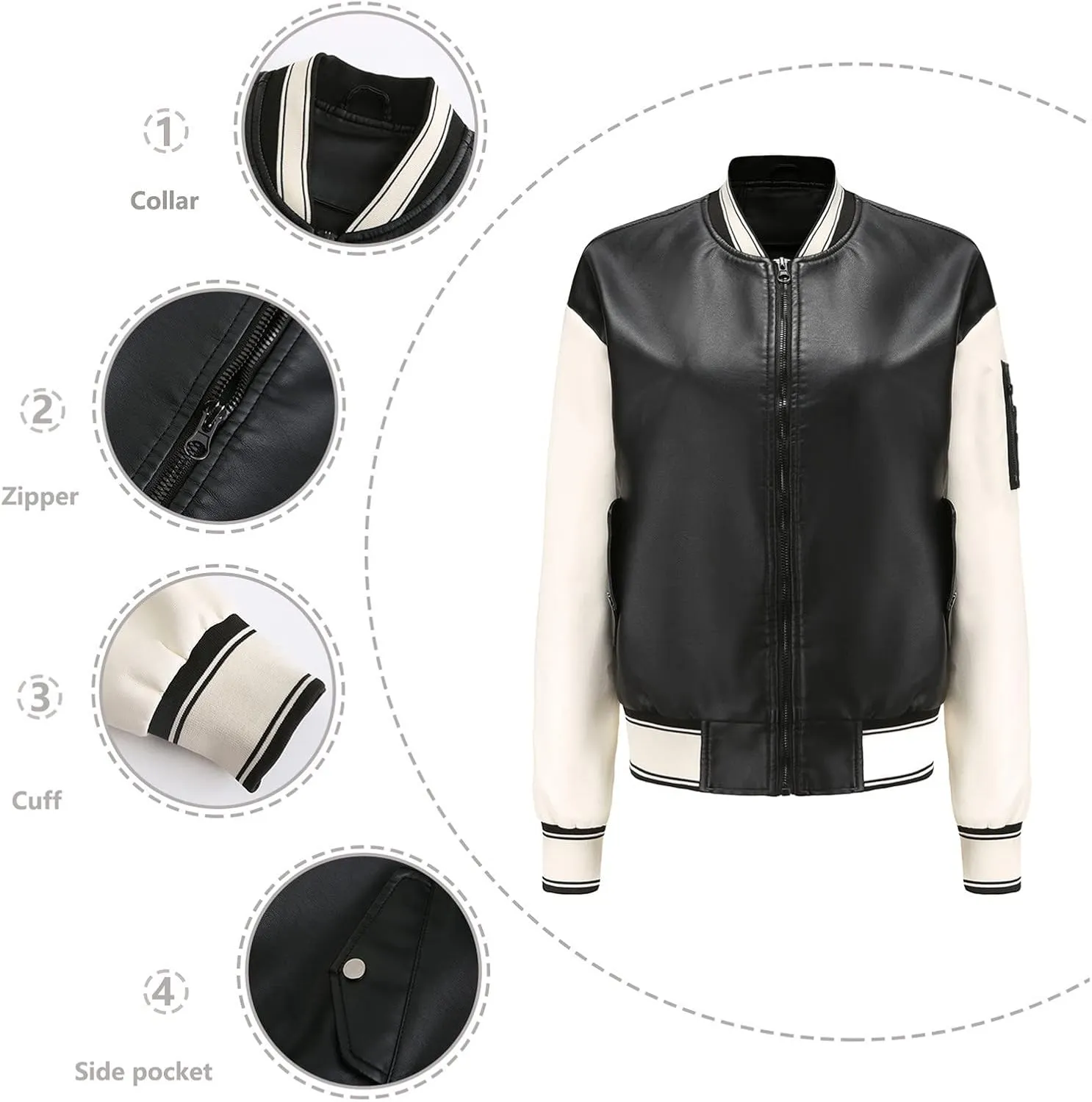 Women Faux Leather Sport Jacket Ladies Color-block Coat Teen Girls Stand Collar Uniform Loose Jackets Blazer
