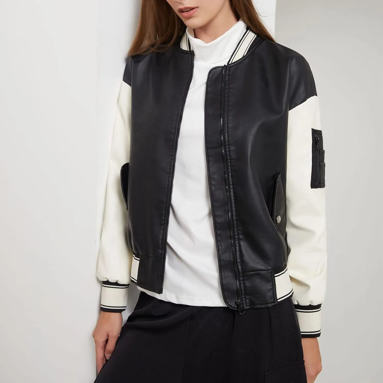Women Faux Leather Sport Jacket Ladies Color-block Coat Teen Girls Stand Collar Uniform Loose Jackets Blazer