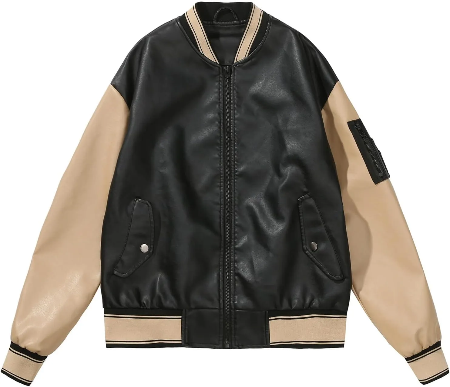 Women Faux Leather Sport Jacket Ladies Color-block Coat Teen Girls Stand Collar Uniform Loose Jackets Blazer