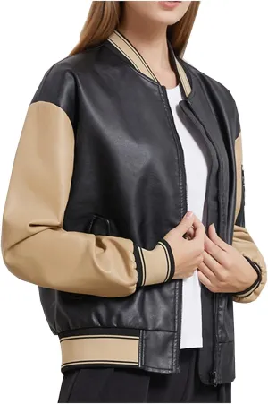 Women Faux Leather Sport Jacket Ladies Color-block Coat Teen Girls Stand Collar Uniform Loose Jackets Blazer