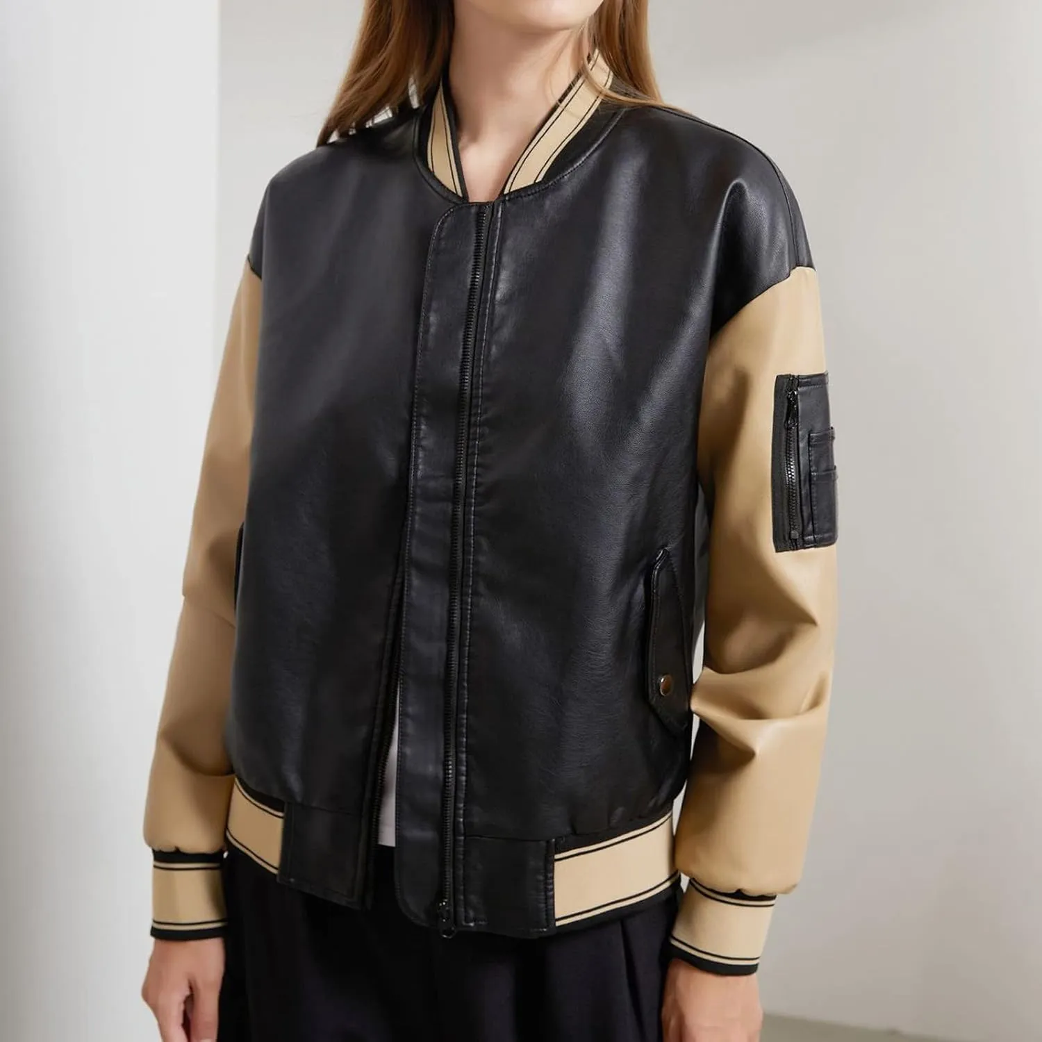 Women Faux Leather Sport Jacket Ladies Color-block Coat Teen Girls Stand Collar Uniform Loose Jackets Blazer