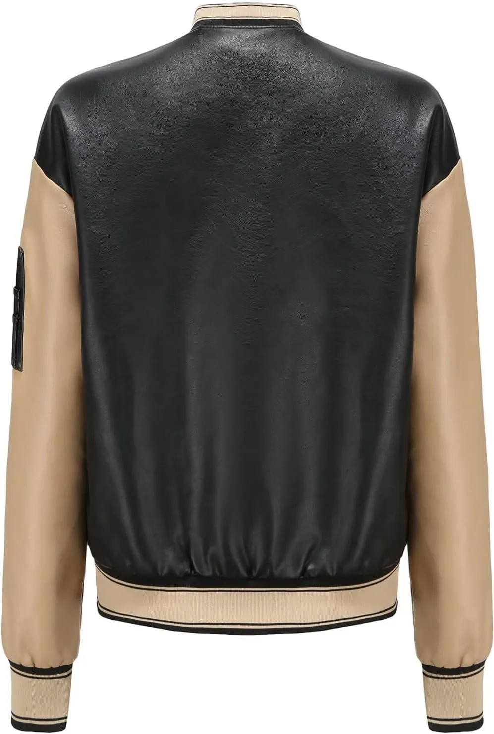 Women Faux Leather Sport Jacket Ladies Color-block Coat Teen Girls Stand Collar Uniform Loose Jackets Blazer