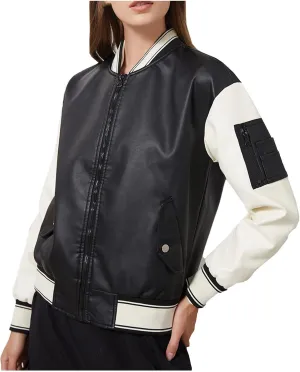 Women Faux Leather Sport Jacket Ladies Color-block Coat Teen Girls Stand Collar Uniform Loose Jackets Blazer
