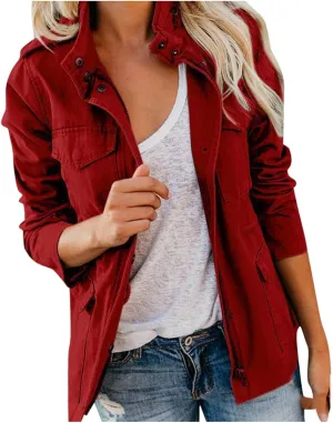Women Jackets Zip Up Snap Buttons Utility Coats Oversize Long Sleeve Loose Fashion WInter Field Jackets Pockets