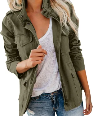 Women Jackets Zip Up Snap Buttons Utility Coats Oversize Long Sleeve Loose Fashion WInter Field Jackets Pockets