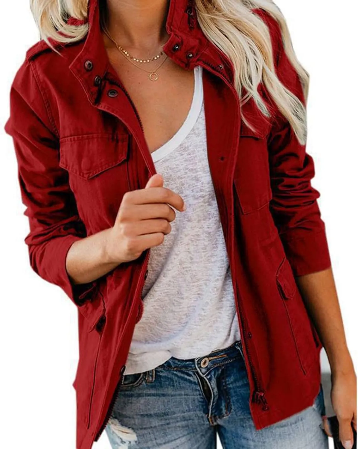 Women Jackets Zip Up Snap Buttons Utility Coats Oversize Long Sleeve Loose Fashion WInter Field Jackets Pockets