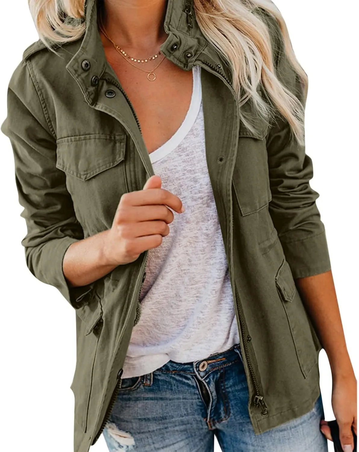 Women Jackets Zip Up Snap Buttons Utility Coats Oversize Long Sleeve Loose Fashion WInter Field Jackets Pockets