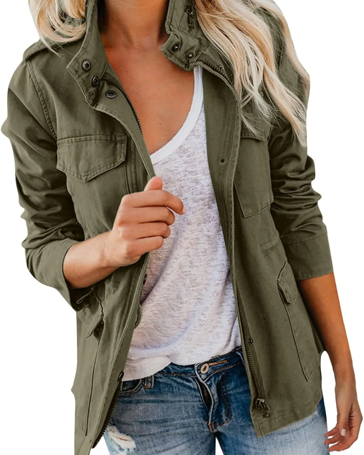Women Jackets Zip Up Snap Buttons Utility Coats Oversize Long Sleeve Loose Fashion WInter Field Jackets Pockets