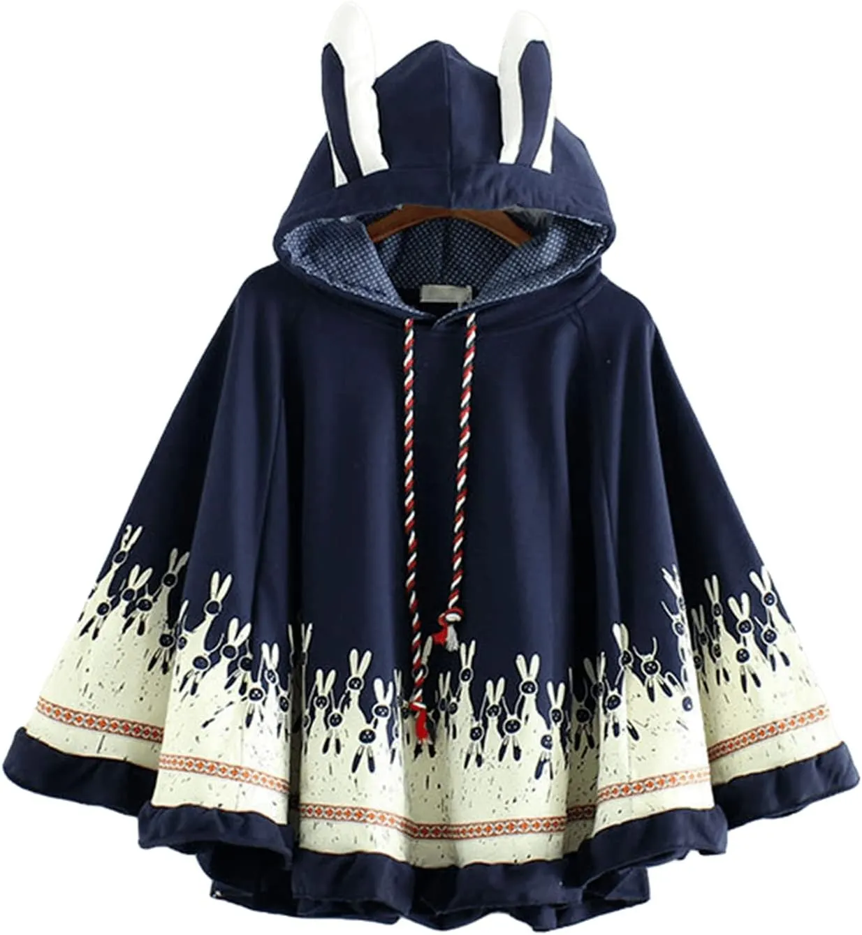 Women Kawaii Bunny Ears Cloak Hoodie Fall Winter Japanese Preppy Cute Rabbit Print Aesthetic Hooded Sweatshirt Cape