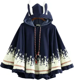 Women Kawaii Bunny Ears Cloak Hoodie Fall Winter Japanese Preppy Cute Rabbit Print Aesthetic Hooded Sweatshirt Cape