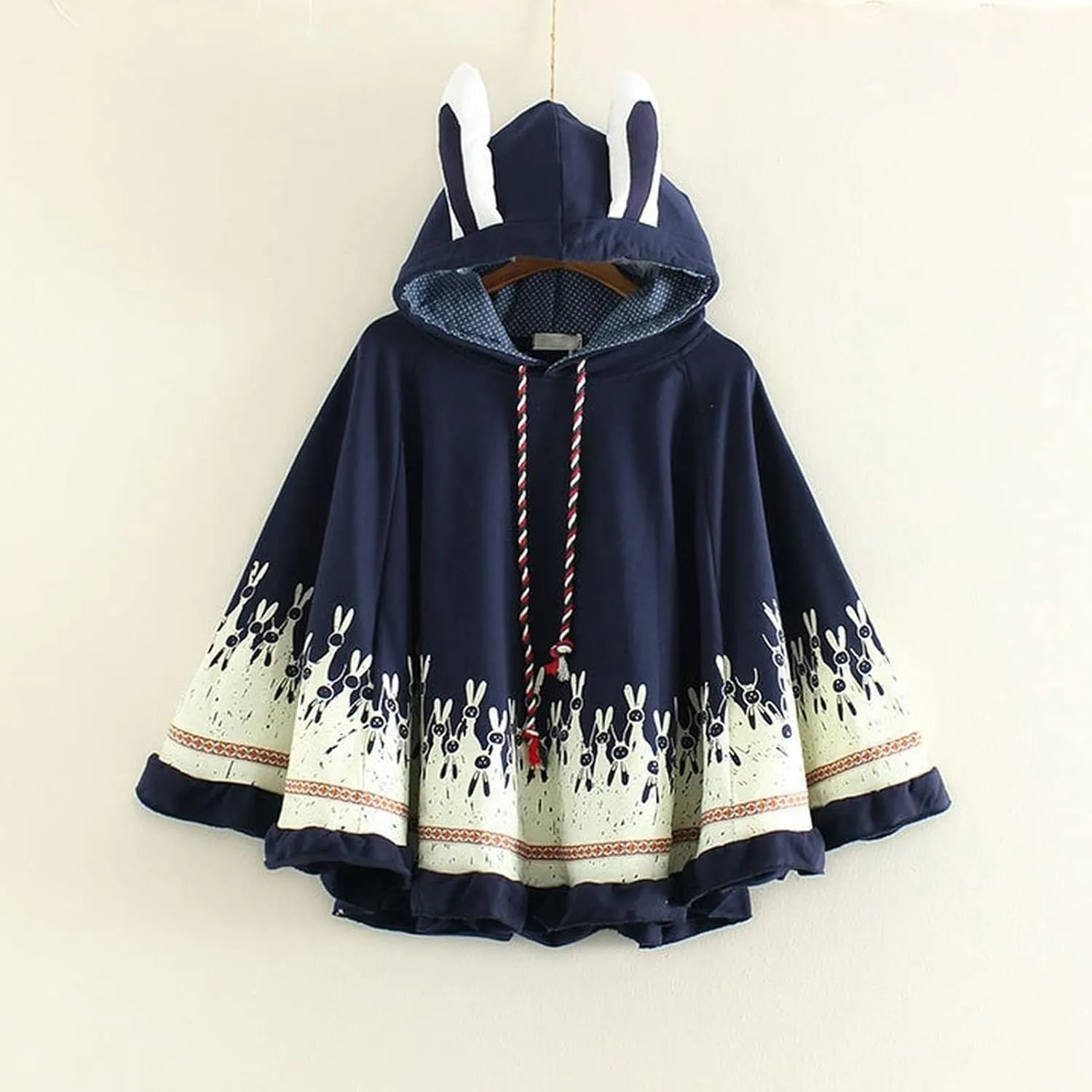 Women Kawaii Bunny Ears Cloak Hoodie Fall Winter Japanese Preppy Cute Rabbit Print Aesthetic Hooded Sweatshirt Cape