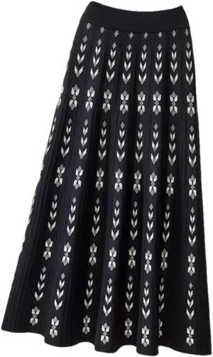 Women Knitted Long Skirt Autumn Winter Warm Vintage Geometric Print A Line High Waist Pleated Midi Skirt
