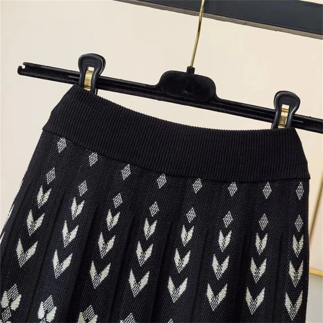 Women Knitted Long Skirt Autumn Winter Warm Vintage Geometric Print A Line High Waist Pleated Midi Skirt