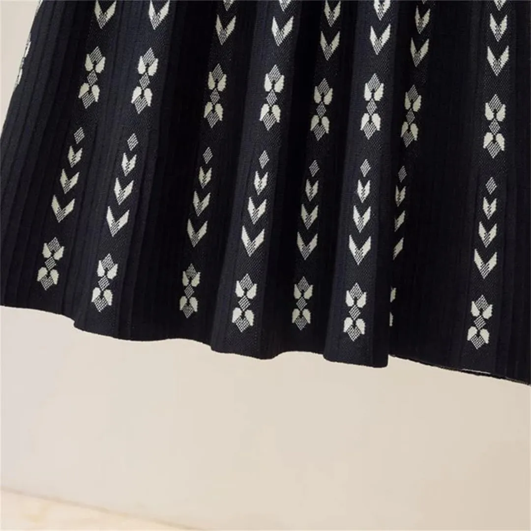 Women Knitted Long Skirt Autumn Winter Warm Vintage Geometric Print A Line High Waist Pleated Midi Skirt